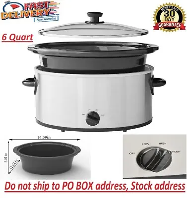 Large Slow Cooker Crock Pot 6 Qt Oval Stainless Steel Finish Glass Lid Stoneware • $25.74