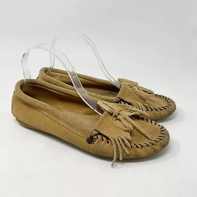 MINNETONKA Women’s Light Brown Suede 407 KILTY HARD SOLE MOCCASIONS Size 9 • $25