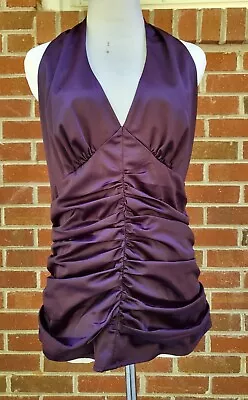 Express Design Studio Satin Ruched Halter Blouse 12 Plum Purple Sleeveless • $12.95