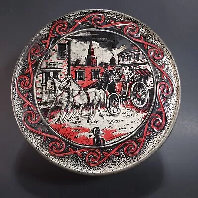 Vtg Fruit Cake Tin W/Lid Red Black Silver Horse & Carriage 7.5” Rustic Decor • £6.74