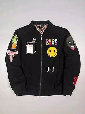 Drop Dead Wool Jacket Womens Size 12 Black Bomber Badge Patch UFO Smiley Trust • $79