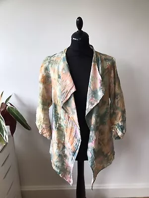 Kasbah Green & Orange Tie Dye Linen Blend Waterfall Wrap Ruched Sleeve Size 12 • £26