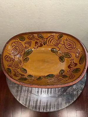 Ned Foltz Signed Redware Pottery 1991 Large Oval Bowl Painted Birds Flowers EUC • $129.98