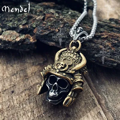 MENDEL Mens Cool Gold Plated Goth Samurai Skull Pendant Necklace Stainless Steel • $13.99