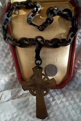 HUGE PENDANT BIG 4  Cross Victorian Necklace Mourning Gutta Percha? Vintage 1880 • $444