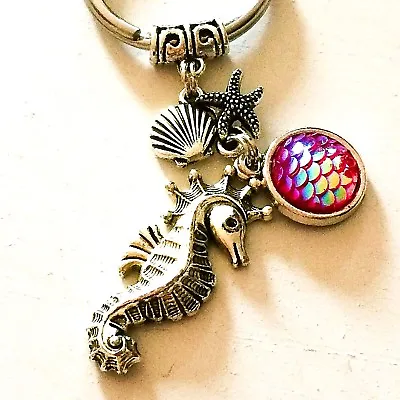 Beach Inspired Seahorse & Pink Mermaid Tail Silver Keychain Gift Ocean Lovers • $16