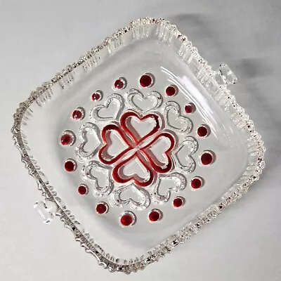 Vintage Art Glass Dish Red Heart Square Handled Scalloped Edge Candy Plate • $17.82