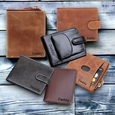 Personalised Custom Engraved RFID Blocking Mens Top Grain Leather Wallet Purse • £22.99