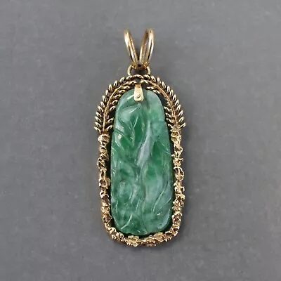 Vintage 14k Yellow Gold Large Bail & Frame With Carved Green Jade Pendant 36mm • $329.99