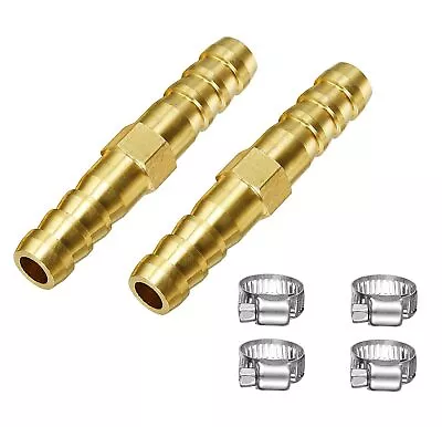 2-Piece 3/8 (10Mm) Brass Hose Barb Union Metal Splice With 4 Stainless Steel Cl • $7.08