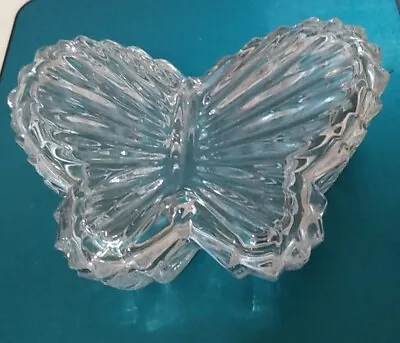 Vintage 4  Crystal Clear Cut Glass Butterfly Trinket Dish W Lid Jewelry Holder G • $11.39