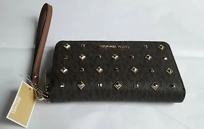 Nwt Auth Michael Kors Signature Studded Phone Case Zip Around Wallet_brown $198 • $99.50