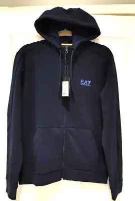 Emporio Armani EA7 Mens Visibility Zip Up Navy Cotton Hoodie Medium NEW • £45