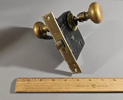 Vintage Salvaged Round Brass Door Knob Set With Russwin Lock-plate #1 • $27.50