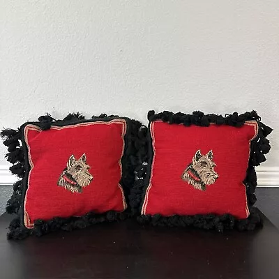 Vtg 60s 70s Needlepoint Red Scottish Terrier Dog Throw Pillow Tassels Set Of 2 • $124.99