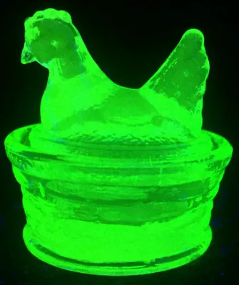 Green Vaseline Uranium Glass Hen Chicken On Nest Basket Eggs Salt Cellar Easter  • $22.99