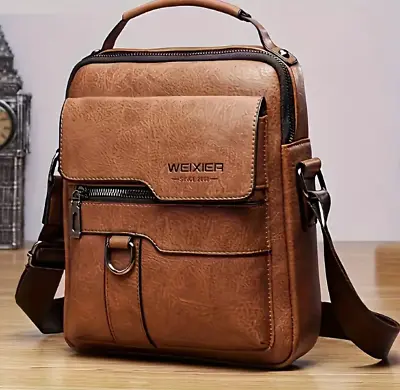 Men's Shoulder Bag BROWN Vintage Handbag Business Casual PU Leather Crossbody • £19.29