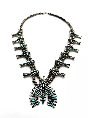 Vintage Zuni Wytsalucy Silver Needlepoint Turquoise Squash Blossom Necklace Set • $498