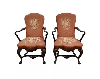 Antique Carved Mahogany Georgian Style Chairs W/Needlepoint Upholstery • $638.40