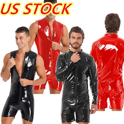 US Men One-Piece Wetlook Leather Front Zipper Leotard Bodysuit Jumpsuit Catsuit • $23.21