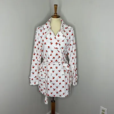 Vintage Marimekko Mika Piiraine White Apple Print Cotton Trench Coat Jacket 14 • $69.99