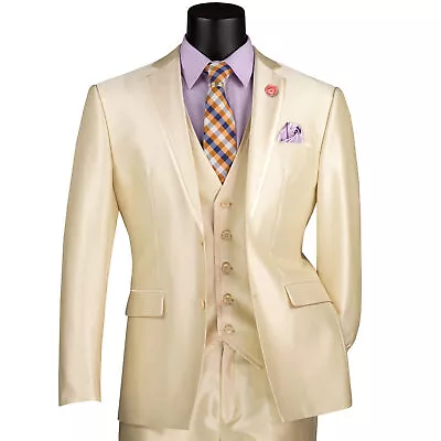 VINCI Men's Champagne Beige Satin 3-Piece 2-Button Slim-Fit Suit - NEW • $160