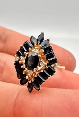 14K Yellow Gold Plated Marquise & Baguette Cut Sapphire & Diamond Cluster Ring • $137.50