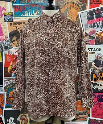 Mens Vintage Brown Hand Printed Batik Hippie Floral Long Sleeve Button Up Size L • $26