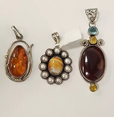 Three Vintage Sterling Silver Pendants With Stones  • $50