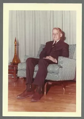Vintage 1950s Color Photo BOY DRESSED UP IN HIS BEST SUIT SITTING ON BLUE CHAIR • $6.99