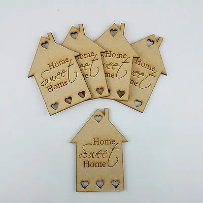 5x MDF Wooden House Home Shapes Tags Engraved Embellishments Craft Blanks • £4.99