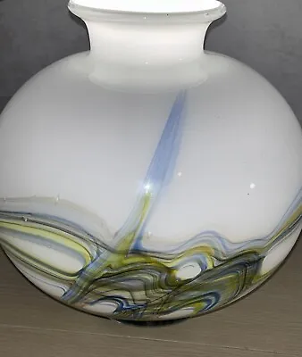 Hand Blown White With Multicolored Swirl Round Vase  Large Fish Bowl Shape • $59