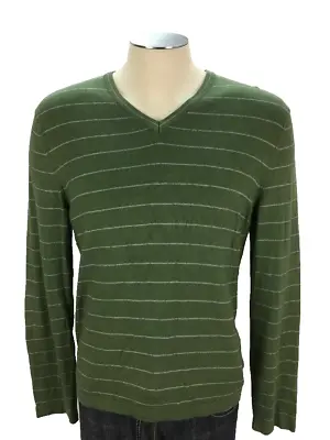Banana Republic Cashmere Silk Vneck Sweater M Green Stripe Pullover Mens • $34.95