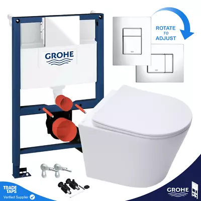 Rimless ECO Wall Hung Toilet Pan Seat & GROHE 0.82m Low Height Cistern WC Frame • £349.95