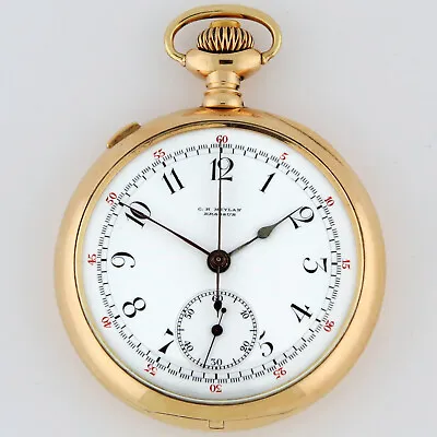 C.H. Meylan 14K Gold Split Seconds Chronograph Rattrapante Pocket Watch 47mm OF • $3995