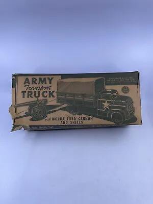 VINTAGE 1950’s MARX US ARMY  TRANSPORT TRUCK W/ Cannon PRESSED METAL Rare W/Box • $595