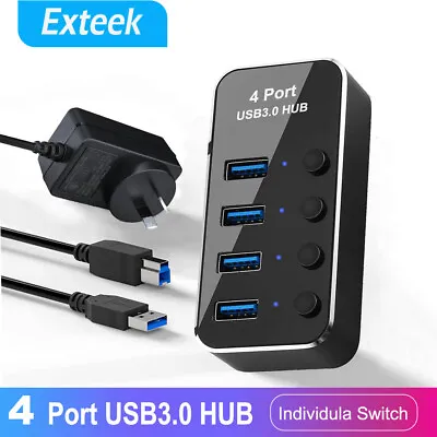 $34.95 • Buy 4 Port USB 3.0 Hub With Switches And Power Adapter 5Gbps Expansion Splitter
