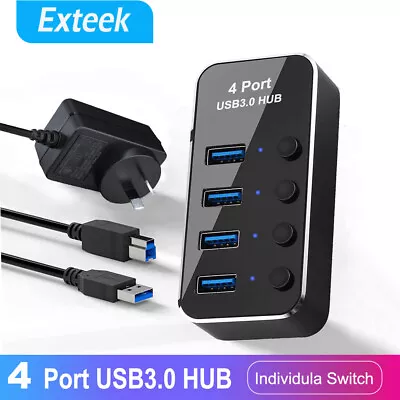$34.95 • Buy 4 Port USB 3.0 Hub With Switches And Power Adapter 5Gbps Expansion Splitter