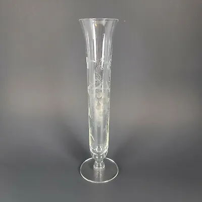 Bud Vase Clear Fluted Romantic Florals & Grapes Etched 9.5  Vintage • $15.99