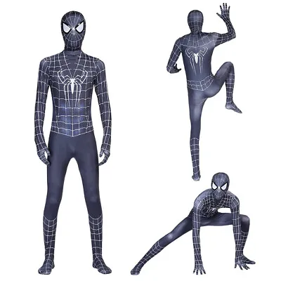 Mens Black Spiderman Cosplay Costume Superhero Jumpsuit Bodysuit Fancy Dress • £21.08