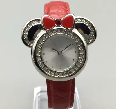 Disney Minnie Mouse Watch Women 3D Face Bow Silver Tone Red Band New Battery • $22.49