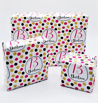 2 Sheets 13th Birthday Wrapping Paper Age 13 Giftwrap Female Pink Polka (PA-W164 • £2.49
