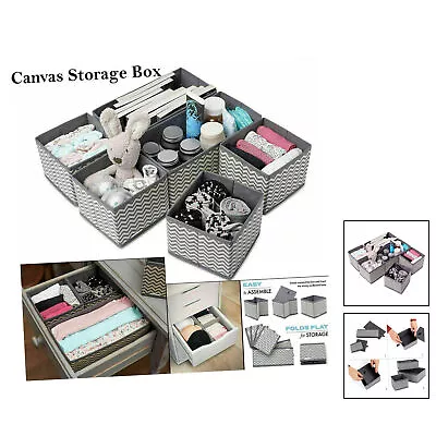 6 Set Canvas Wardrobe Foldable Drawer Organiser Storage Box Divider Tid...[GREY] • £17.49