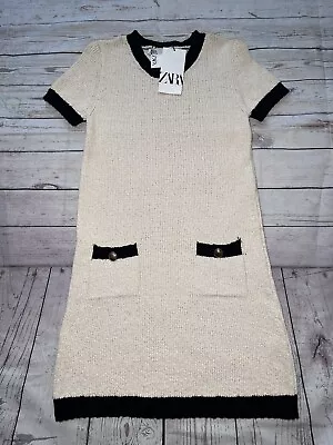 $24.50 • Buy Zara Womens Contrast Stitch Sweater Knit Mini Dress Size S Cream Black Gold