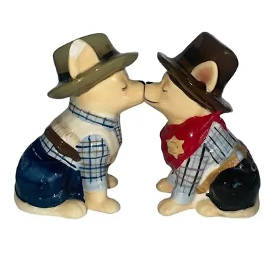 Vintage Cowboy Chihuahua Kissing Salt Pepper Shaker Set Western American Sheriff • $16.92