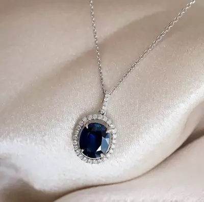 2 Ct Lab Created Oval Sapphire Round Moissanite Halo Necklace Pendant 925 Silver • $128.79