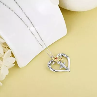 Sunflower Love Heart Pendant Necklace Engraved You Are My Sunshine Cubic Zircon • $6.77