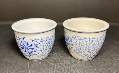 2 Vintage Cobalt Blue White Glazed Ceramic Bonsai Succulent Accent Pots Planters • $16