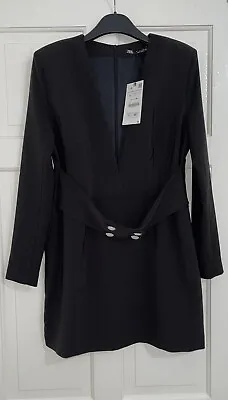 Zara Black V-neck Belted Short Blazer Dress With Pearl Bead Buttons Size L Bnwt • £34.99