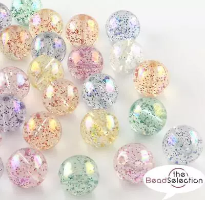 40 ACRYLIC BEADS GLITTER AB RAINBOW LUSTRE ROUND 10mm HOLE 2mm TOP QUALITY ACR61 • £3.19